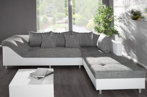 Großes Ecksofa SULTAN weiss Strukturstoff grau weißOT rechts