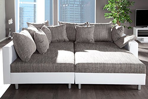 Design Ecksofa mit Hocker LOFT weiss Strukturstoff grau